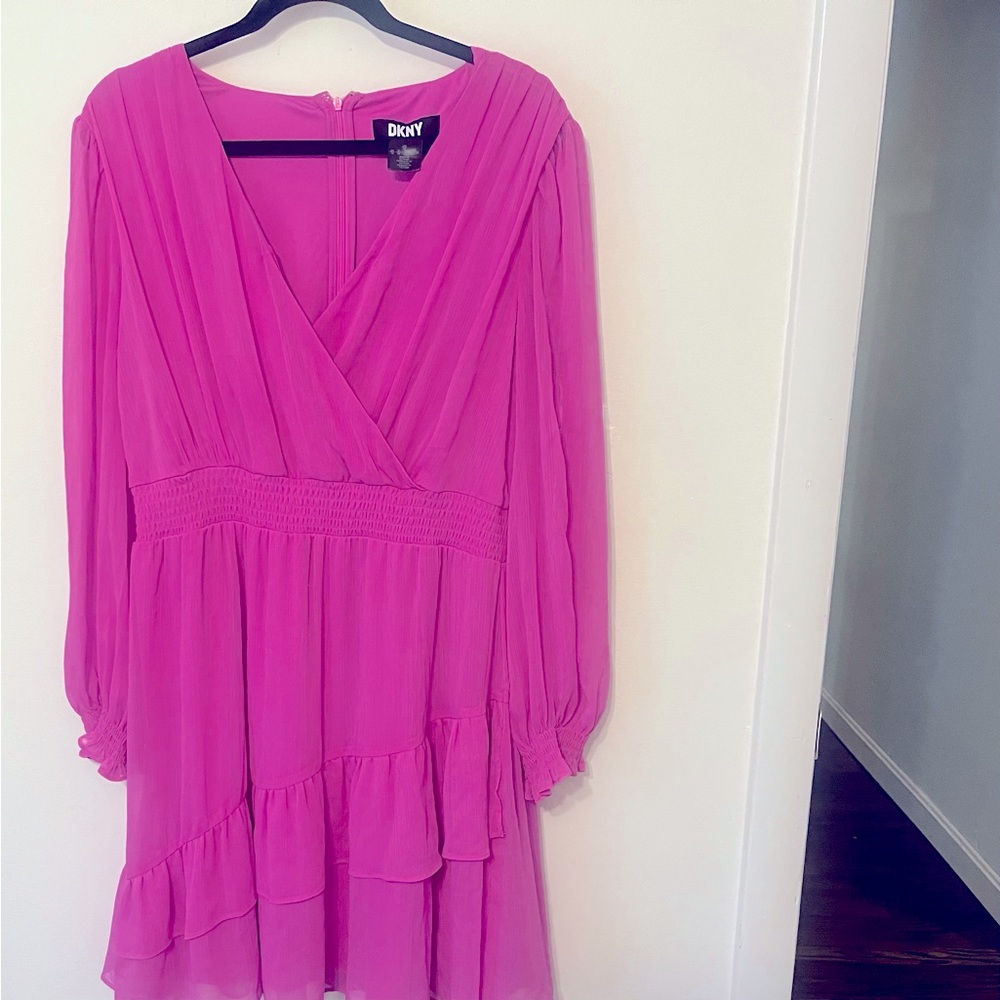 DKNY pink long sleeve wrap smocked waist dress with ruffled hem